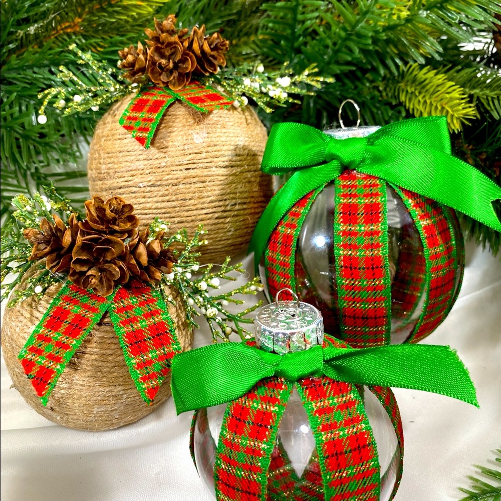 Handmade Twine, Plaid & Pine Cone 🎄 Ornaments